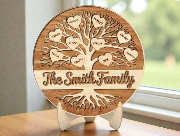3D Family Tree Round Sign SVG for Laser Cutting Home Decor
