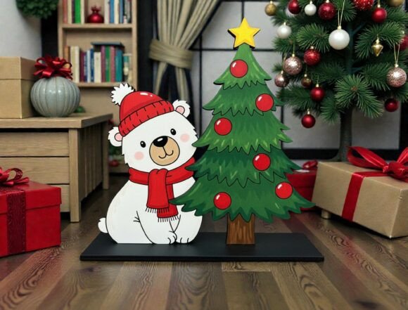 Cute Polar Bear Christmas Tree SVG for Laser Cutting and Winter Amp